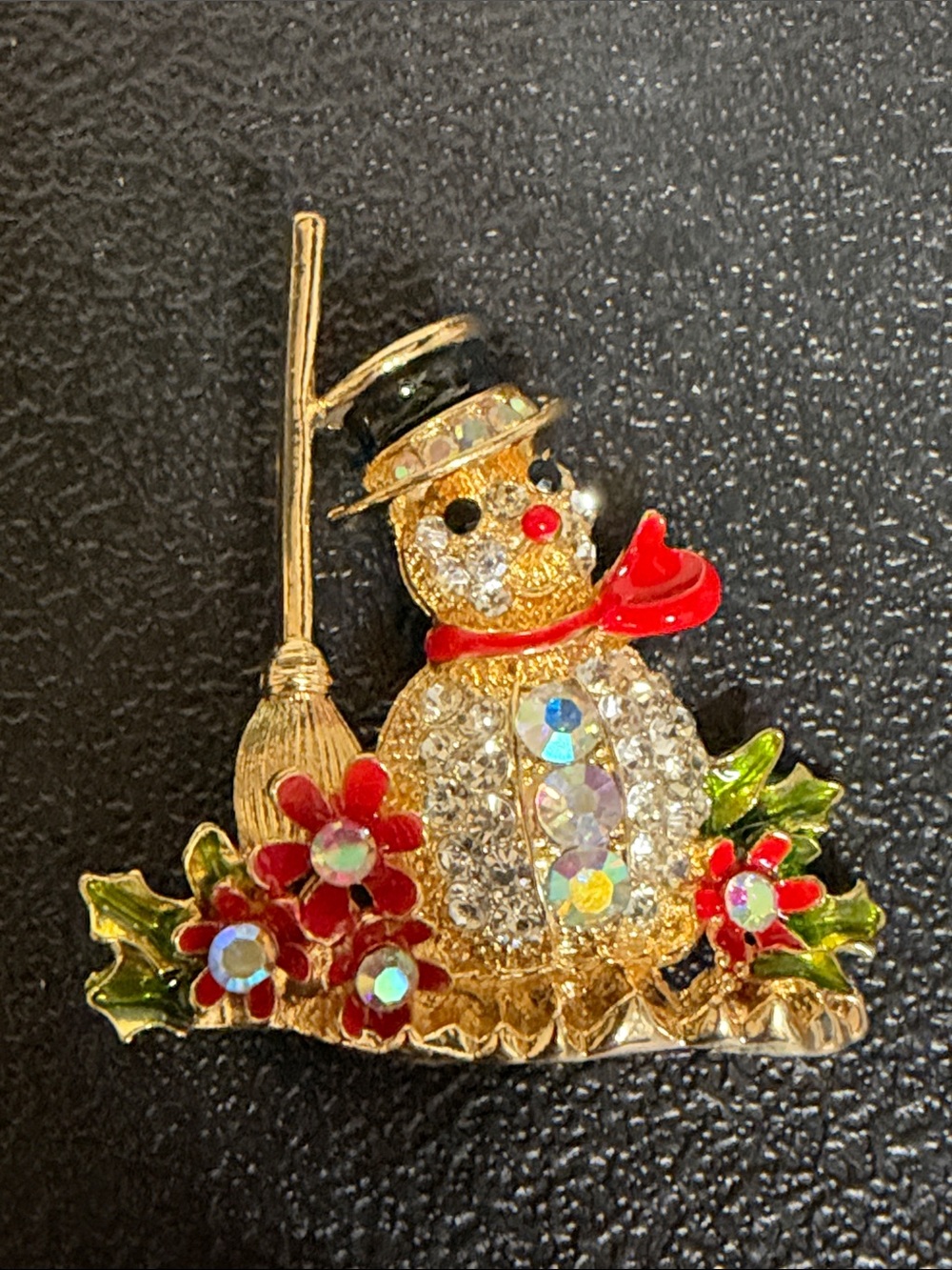 Holiday Snowman Brooch Pin with Red Scarf and Crystal Accents